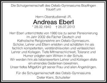 Anzeige von Andreas Eberl von Schwäbische Zeitung