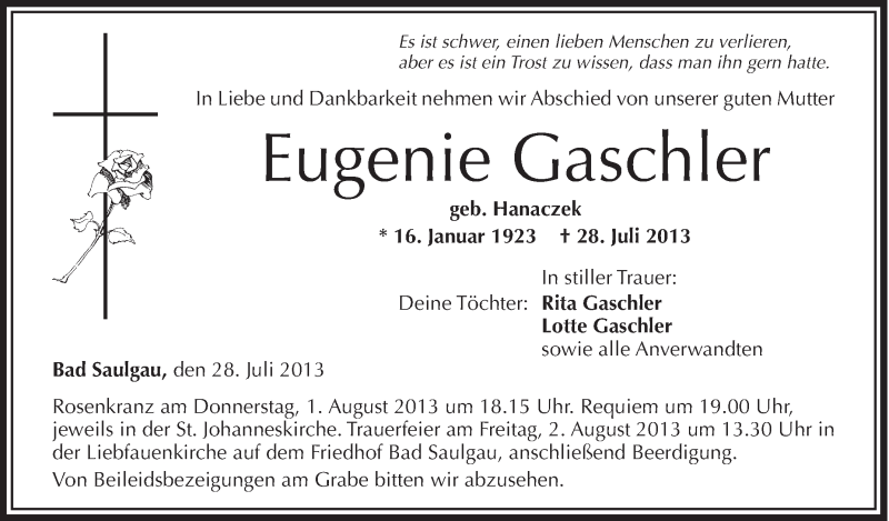  Traueranzeige für Eugenie Gaschler vom 31.07.2013 aus Schwäbische Zeitung