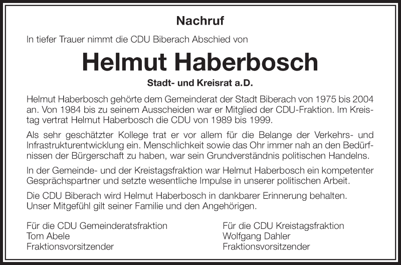  Traueranzeige für Helmut Haberbosch vom 31.07.2013 aus Schwäbische Zeitung
