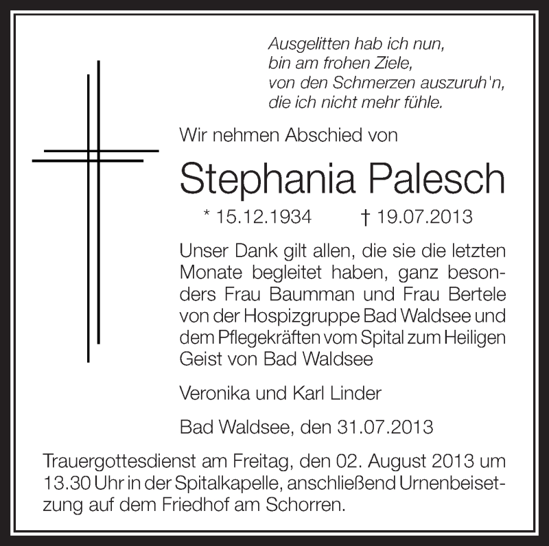  Traueranzeige für Stephania Palesch vom 31.07.2013 aus Schwäbische Zeitung