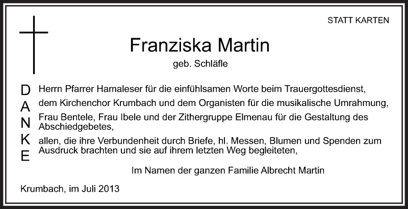 Traueranzeige für Franziska Martin vom 31.07.2013 aus Schwäbische Zeitung