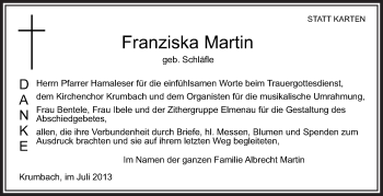 Anzeige von Franziska Martin von Schwäbische Zeitung