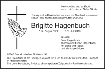 Anzeige von Brigitte Hagenbuch von Schwäbische Zeitung