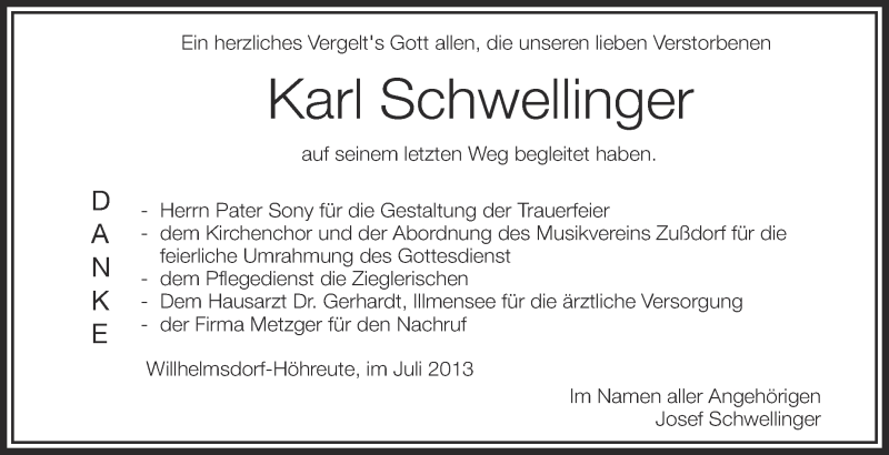 Traueranzeige für Karl Schwellinger vom 31.07.2013 aus Schwäbische Zeitung