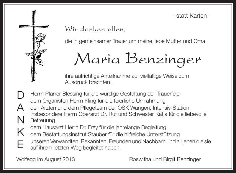  Traueranzeige für Maria Benzinger vom 03.08.2013 aus Schwäbische Zeitung