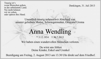 Anzeige von Anna Wendling von Schwäbische Zeitung