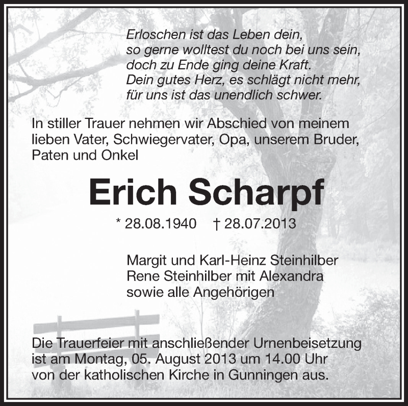  Traueranzeige für Erich Scharpf vom 31.07.2013 aus Schwäbische Zeitung