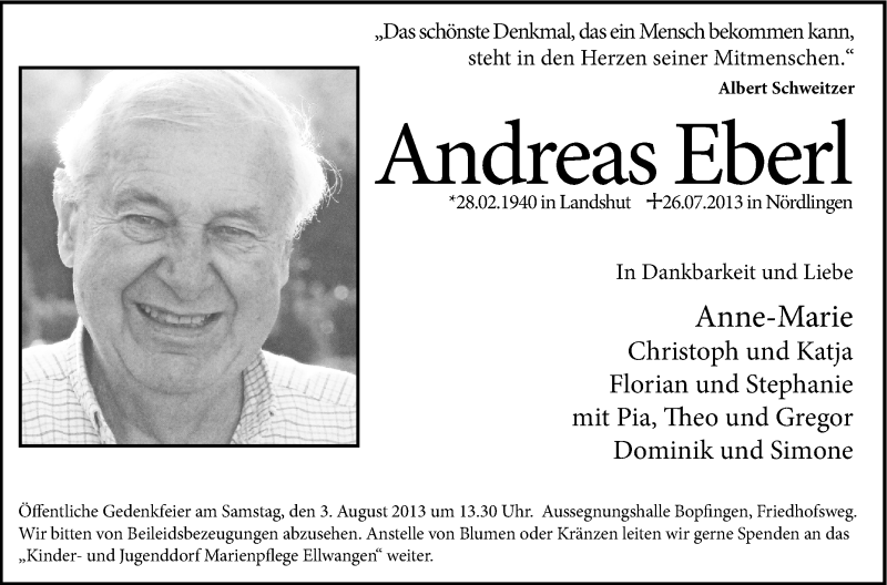  Traueranzeige für Andreas Eberl vom 31.07.2013 aus Schwäbische Zeitung