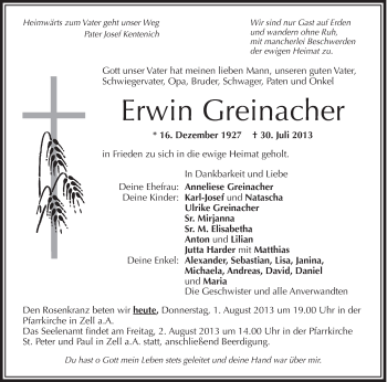 Anzeige von Erwin Greinacher von Schwäbische Zeitung