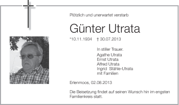 Anzeige von Günter Utrata von Schwäbische Zeitung