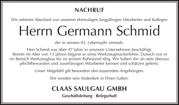 Anzeige von Germann Schmid von Schwäbische Zeitung