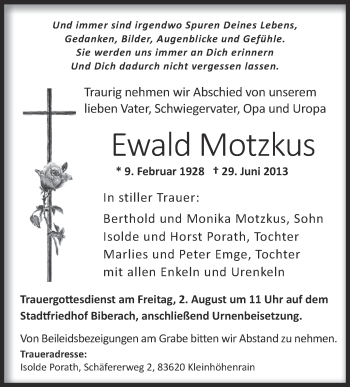 Anzeige von Ewald Motzkus von Schwäbische Zeitung