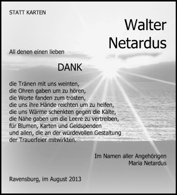Anzeige von Walter Netardus von Schwäbische Zeitung
