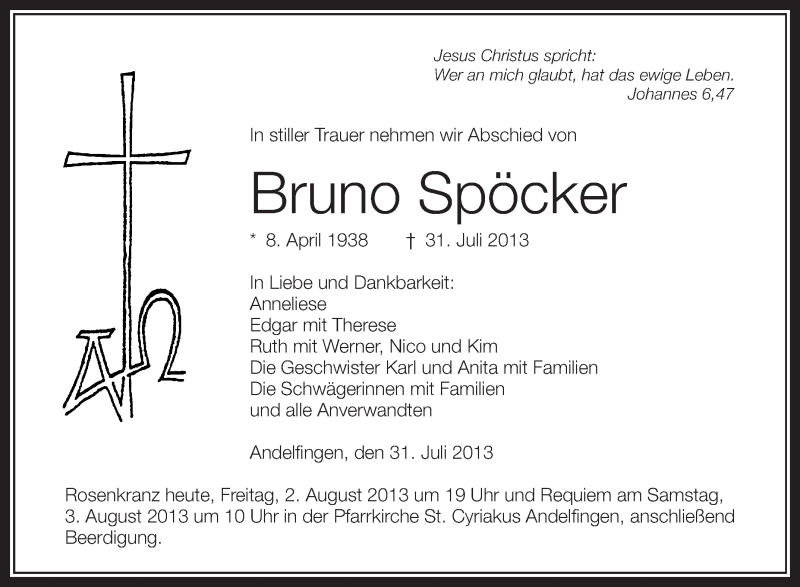  Traueranzeige für Bruno Spöcker vom 02.08.2013 aus Schwäbische Zeitung