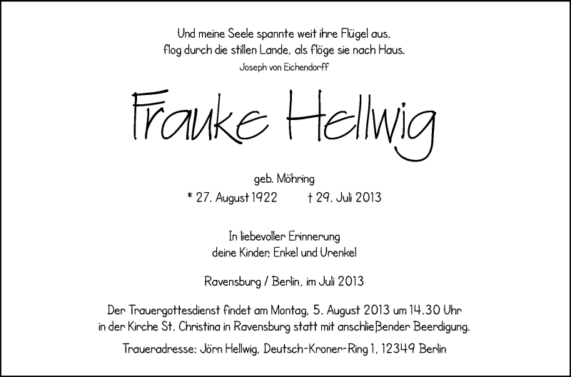  Traueranzeige für Frauke Hellwig vom 03.08.2013 aus Schwäbische Zeitung