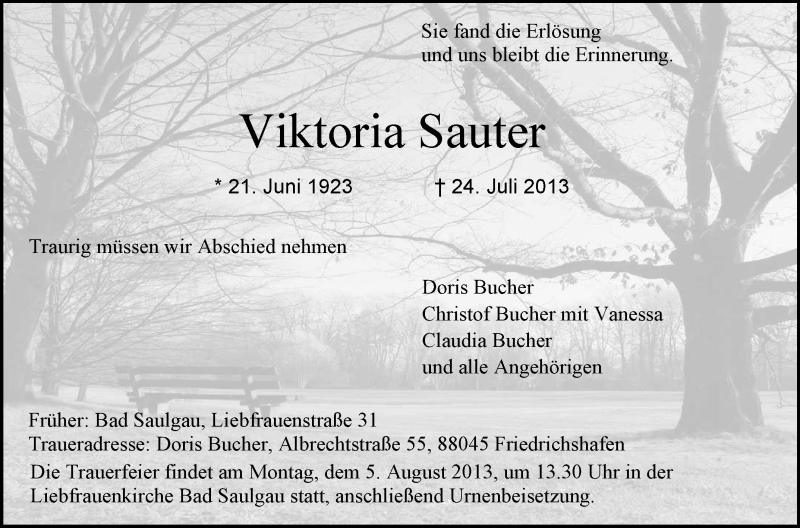  Traueranzeige für Viktoria Sauter vom 02.08.2013 aus Schwäbische Zeitung