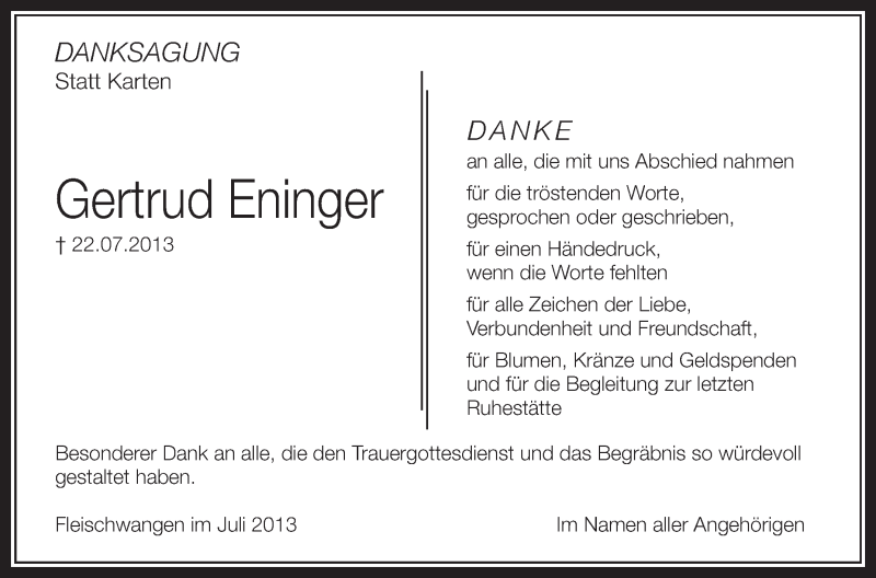  Traueranzeige für Gertrud Eninger vom 02.08.2013 aus Schwäbische Zeitung