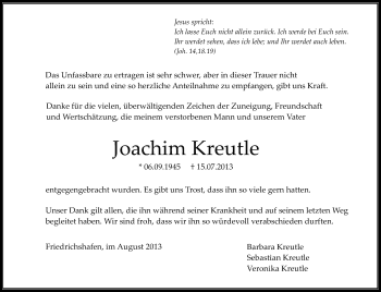 Anzeige von Joachim Kreutle von Schwäbische Zeitung