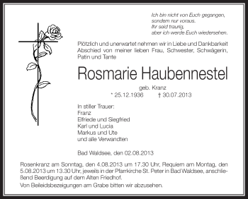 Anzeige von Rosmarie Haubennestel von Schwäbische Zeitung