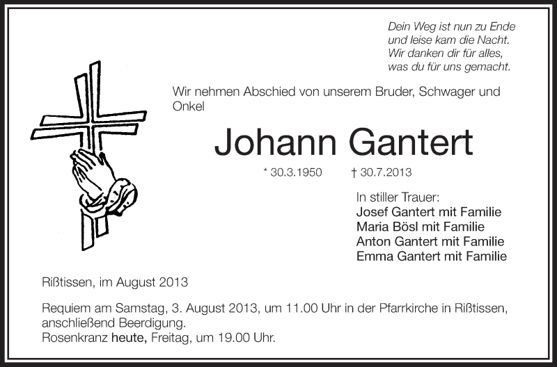  Traueranzeige für Johann Gantert vom 02.08.2013 aus Schwäbische Zeitung