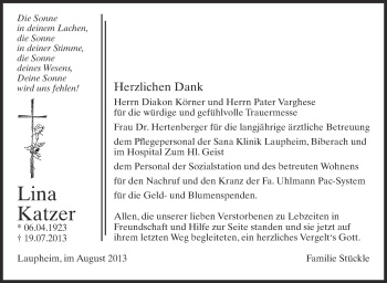 Anzeige von Lina Katzer von Schwäbische Zeitung