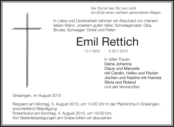 Anzeige von Emil Rettich von Schwäbische Zeitung