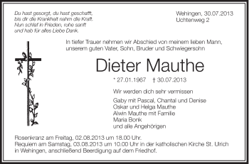 Anzeige von Dieter Mauthe von Schwäbische Zeitung