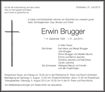 Anzeige von Erwin Brugger von Schwäbische Zeitung