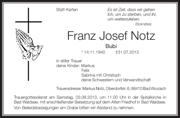 Anzeige von Franz Josef Notz von Schwäbische Zeitung
