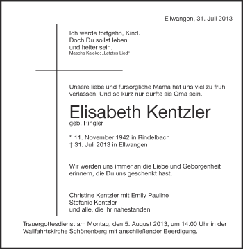 Anzeige von Elisabeth Kentzler von Schwäbische Zeitung