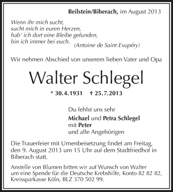 Anzeige von Walter Schlegel von Schwäbische Zeitung