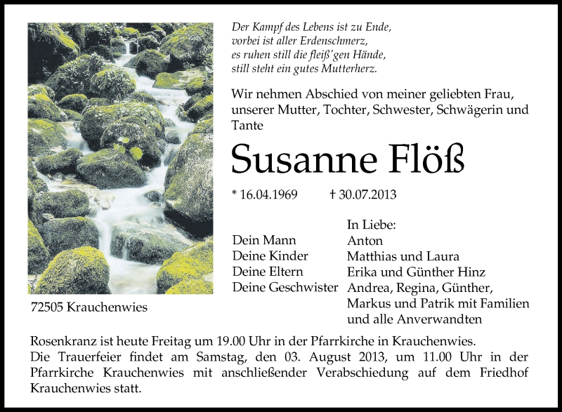  Traueranzeige für Susanne Flöß vom 02.08.2013 aus Schwäbische Zeitung