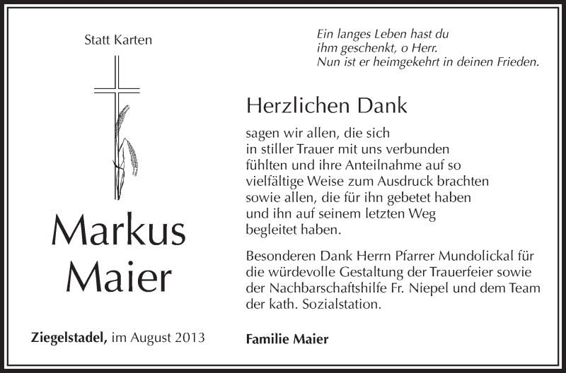  Traueranzeige für Markus Maier vom 03.08.2013 aus Schwäbische Zeitung