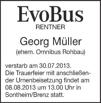 Anzeige von Georg Müller von Schwäbische Zeitung