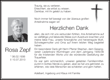 Anzeige von Rosa Zepf von Schwäbische Zeitung