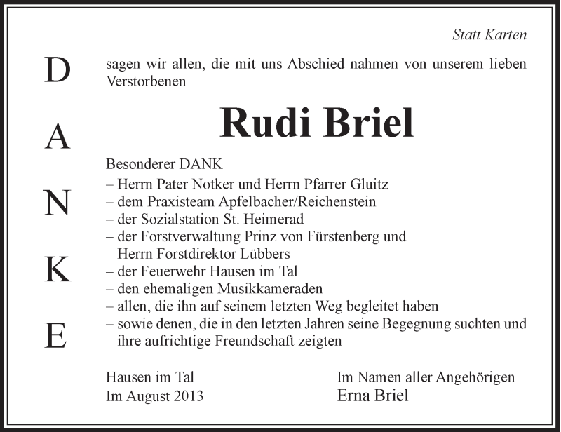  Traueranzeige für Rudi Briel vom 03.08.2013 aus Schwäbische Zeitung