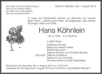 Anzeige von Hans Köhnlein von Schwäbische Zeitung
