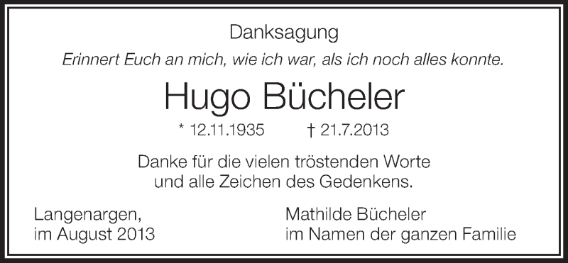  Traueranzeige für Hugo Bücheler vom 03.08.2013 aus Schwäbische Zeitung