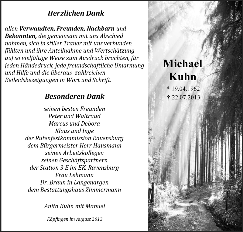  Traueranzeige für Michael Kuhn vom 03.08.2013 aus Schwäbische Zeitung