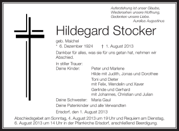 Anzeige von Hildegard Stocker von Schwäbische Zeitung