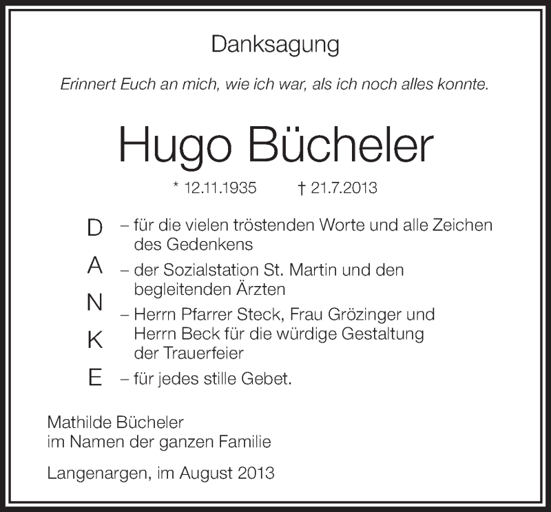  Traueranzeige für Hugo Bücheler vom 09.08.2013 aus Schwäbische Zeitung