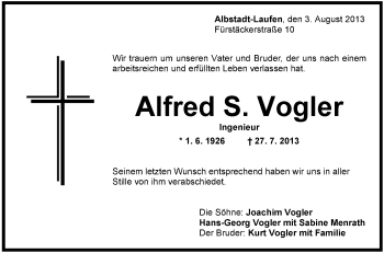Anzeige von Alfred Vogler von Schwäbische Zeitung