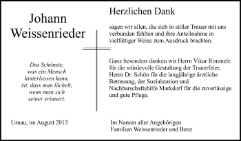 Anzeige von Johann Weissenrieder von Schwäbische Zeitung