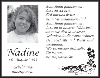 Anzeige von Nadine  von Schwäbische Zeitung
