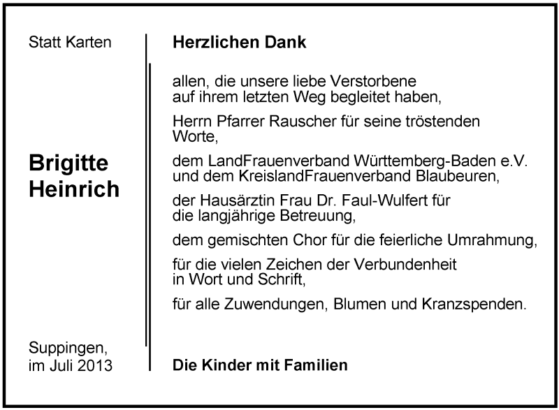  Traueranzeige für Brigitte Heinrich vom 03.08.2013 aus Schwäbische Zeitung