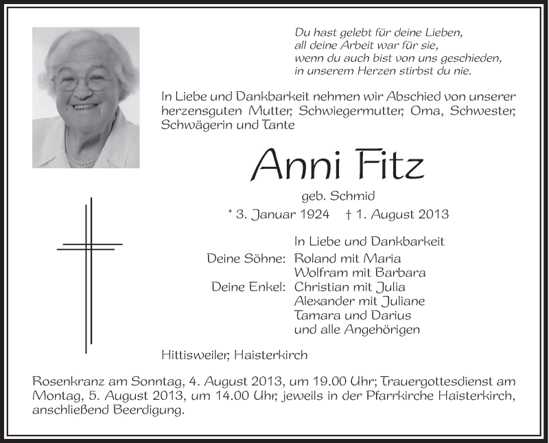  Traueranzeige für Anni Fitz vom 03.08.2013 aus Schwäbische Zeitung
