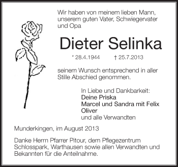 Anzeige von Dieter Selinka von Schwäbische Zeitung