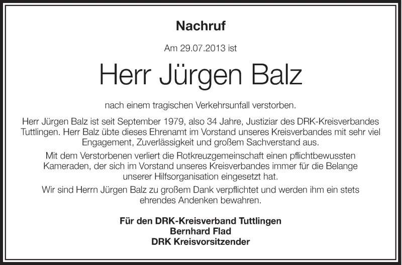  Traueranzeige für Jürgen Balz vom 03.08.2013 aus Schwäbische Zeitung
