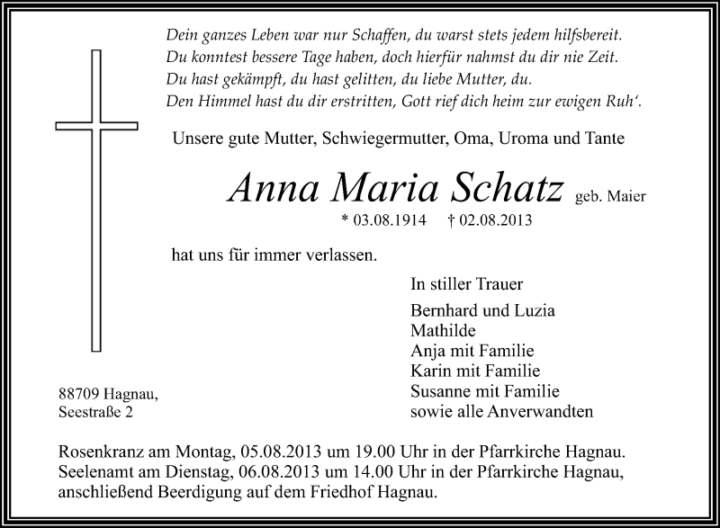  Traueranzeige für Anna Maria Schatz vom 03.08.2013 aus Schwäbische Zeitung
