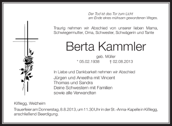 Anzeige von Berta Kammler von Schwäbische Zeitung